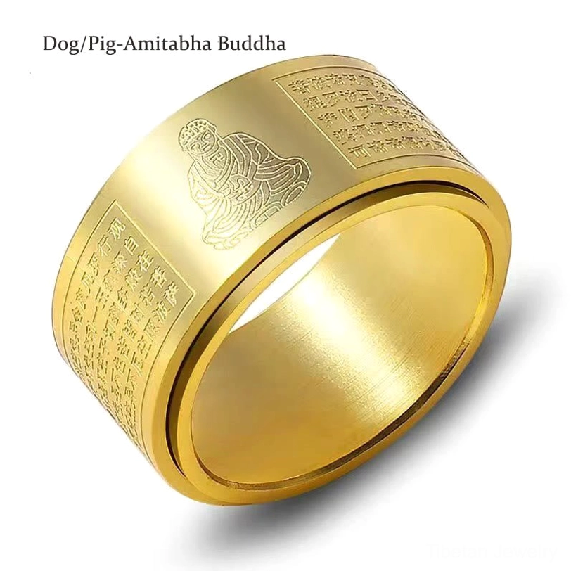 Silver and gold dual-tone Chinese zodiac Natal Buddha spinning ring on contrasting surface
