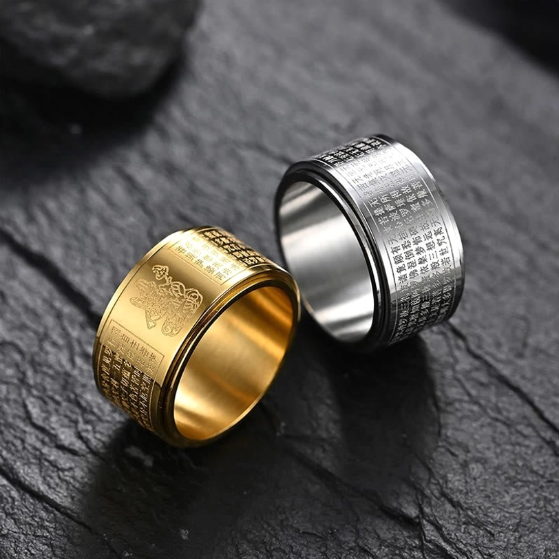 Titanium steel zodiac Buddha ring with spinning band mechanism for mindfulness and anxiety relief