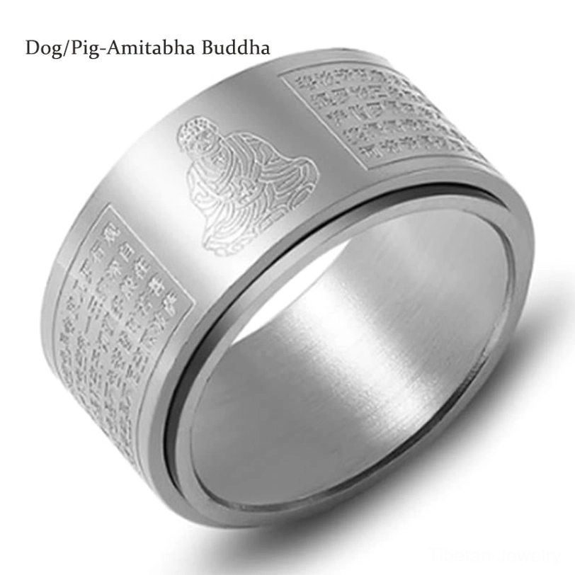 Heart Sutra Chinese zodiac Buddha titanium steel ring lifestyle photography on minimalist background