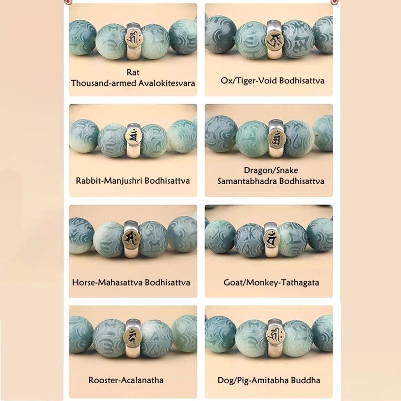 Zodiac Rabbit Manjushri Bodhisattva Bodhi seed bracelet close-up showing bead craftsmanship detail