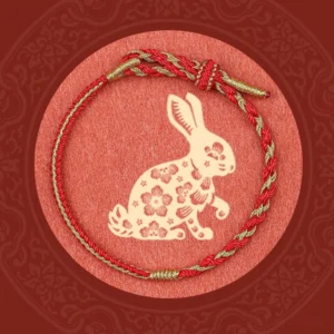 Tibetan zodiac rabbit bracelet with sacred knot design displayed on ornate red paper cut backdrop